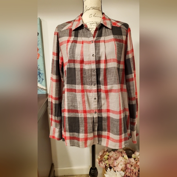 Free People Women's Red Gray  plaid, Tunic/Blouse, Long Sleeve Size M. - Picture 4 of 9
